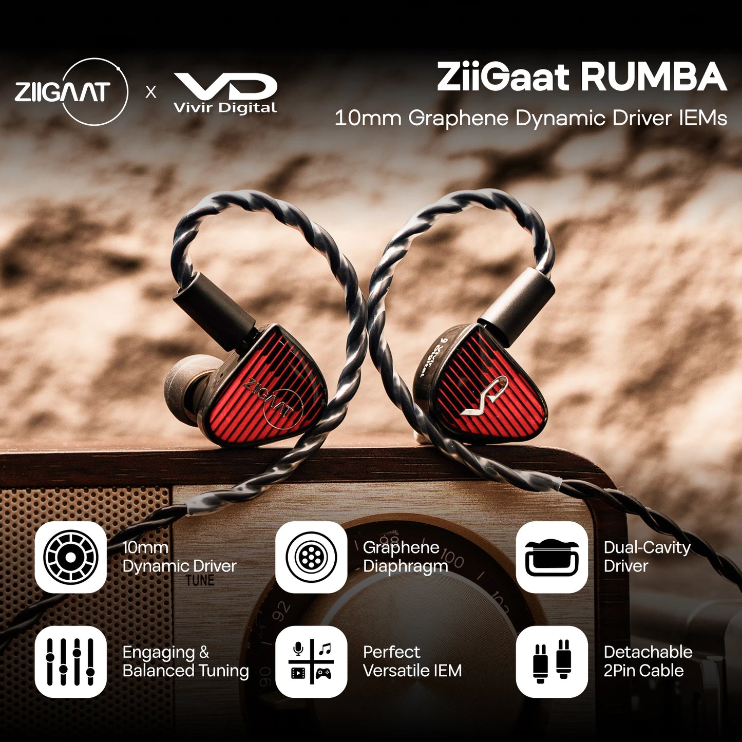 Pre-order Linsoul ZiiGaat x Vivir Digital: RUMBA 10mm Graphene Dynamic Driver In-Ear Monitor with Balanced Tonal Signature