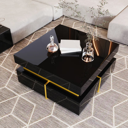 Modern Square High Gloss Coffee Table Decorated with Golden Details, Luxury Coffee Table with Two Storage Drawers, Sturdy Compact Living Room Center Table 70cm