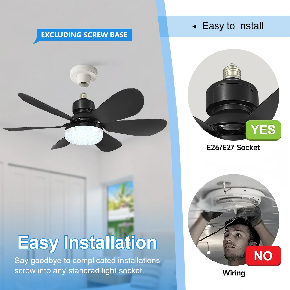 Cordless Light Socket Fan for Kitchen Bedroom Small Room LED Socket Fan Light with Remote Small Ceiling Fan with Light