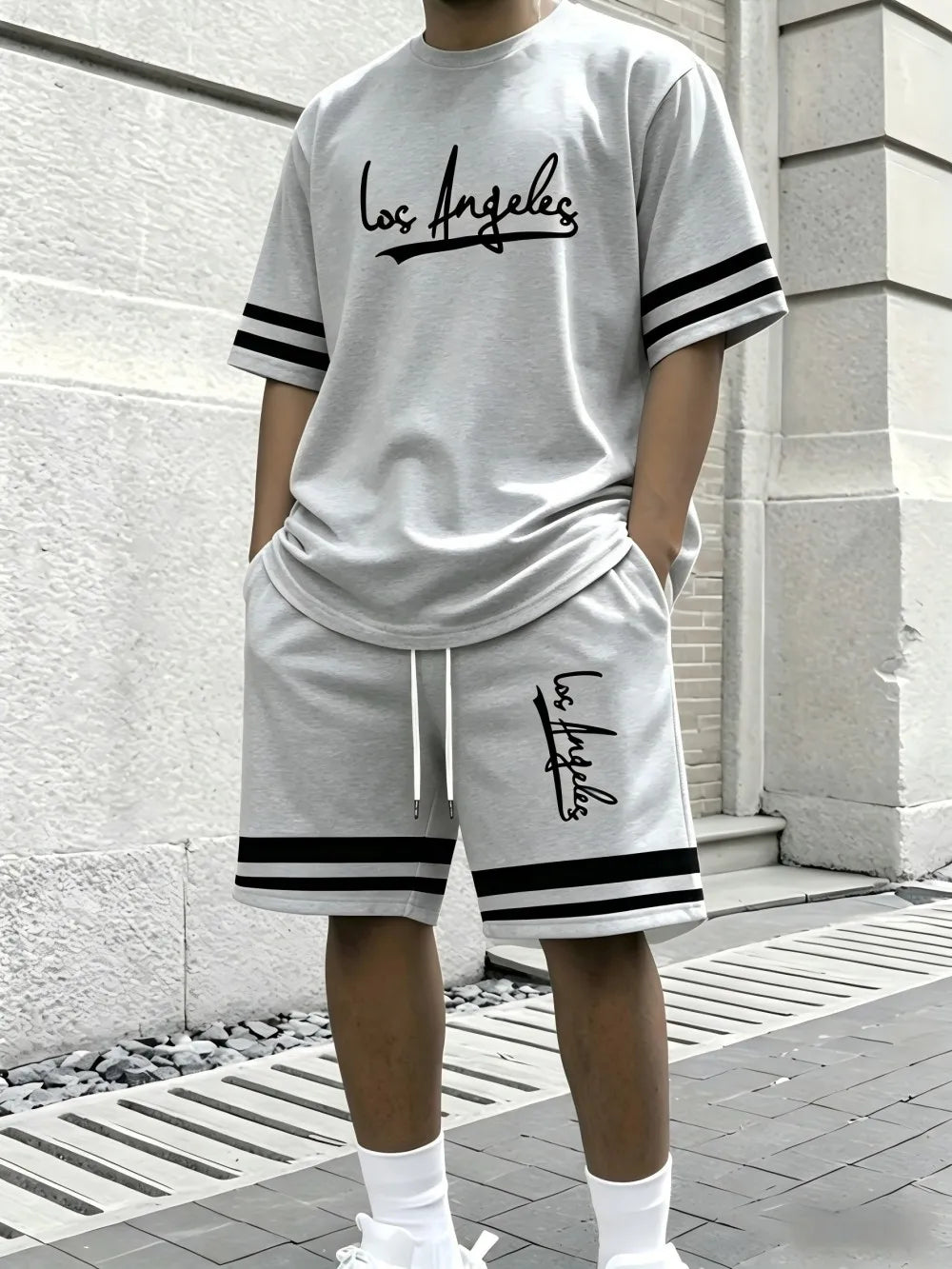 New Men's Summer Gothic Letter Printed Comfortable Breathable Round Neck T-shirt Drawstring Shorts Set Outdoor Casual Wear