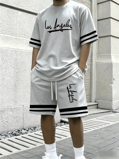 New Men's Summer Gothic Letter Printed Comfortable Breathable Round Neck T-shirt Drawstring Shorts Set Outdoor Casual Wear