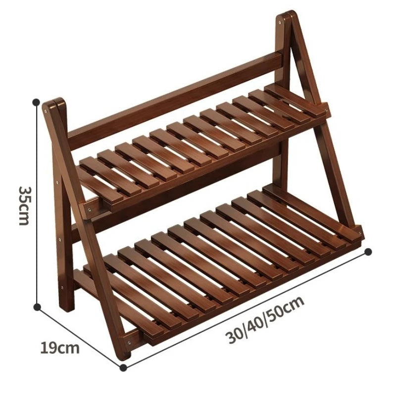 Double-layer Multifunctional Desktop Storage Rack Staircase-shaped Bamboo Storage Rack with Guard Strips Kitchen Storage Rack