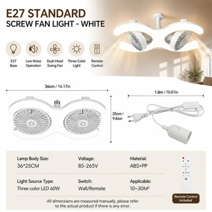 Double Head E27 Ceiling Fan Light with Remote Control Adjustable Angle and Silent Design Suitable for Bedrooms and Living Rooms