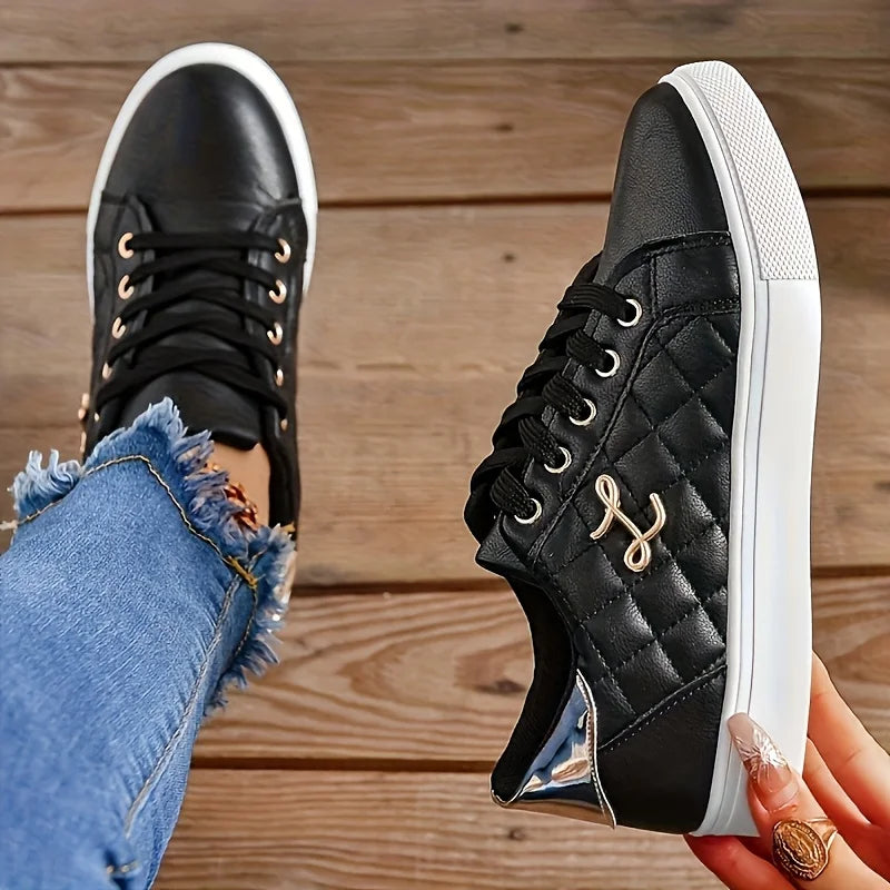 Fashion Lightweight Women's Sneakers - Black, White and Gold Embellished, Lace-Up Low-Top Casual Shoes for All Seasons
