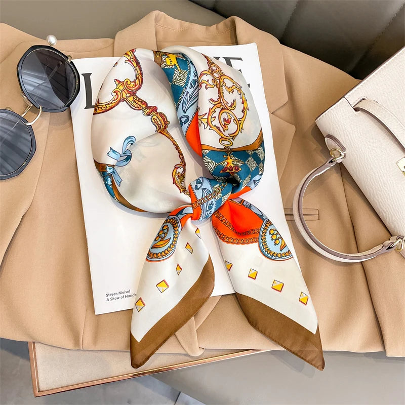 60Colors Luxury Scarf Women 70*70Cm Silk Feel Square Hair Wrapping Foulard Satin Shawl Big Size Head Bandana Hijab Handkerchief
