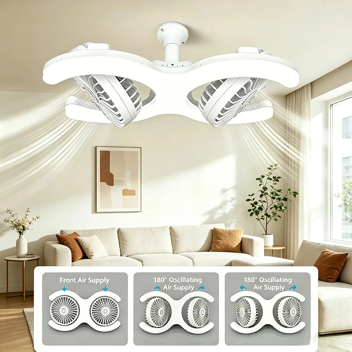 Double Head E27 Ceiling Fan Light with Remote Control Adjustable Angle and Silent Design Suitable for Bedrooms and Living Rooms