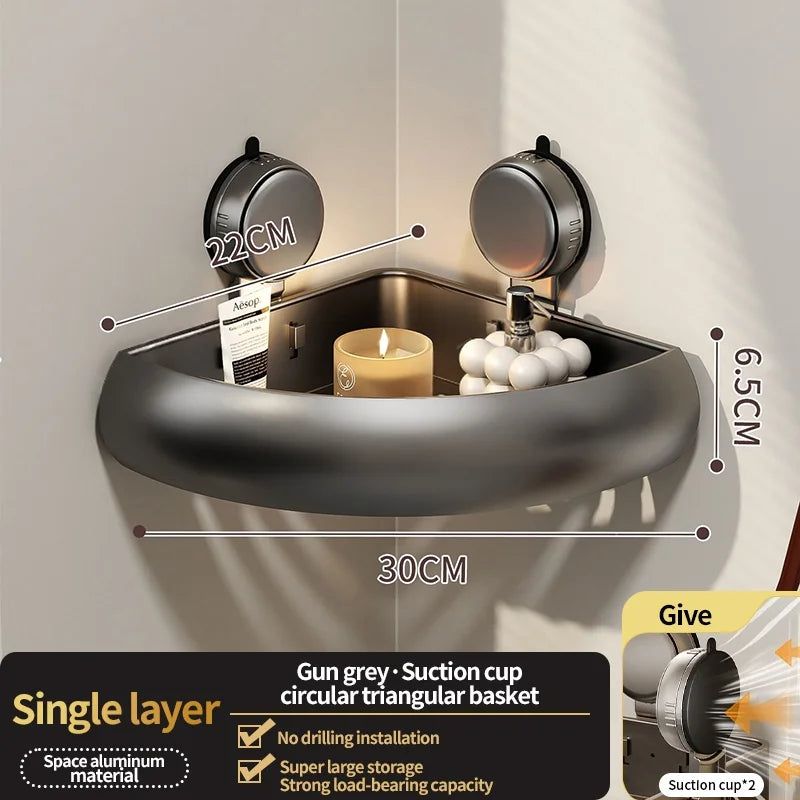 Wall-Mounted Suction Cup Bathroom Corner Storage Shelf – No-Drill Triangle Organizer Rack for Shower, Toilet & Washstand