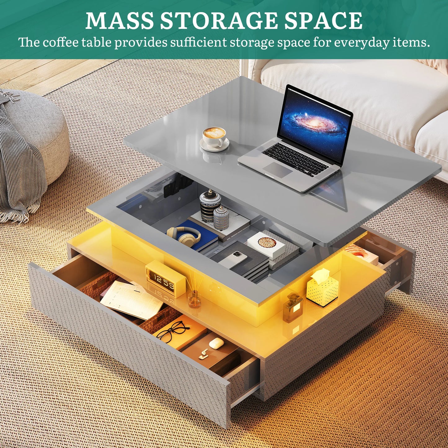 High Gloss Coffee Table with LED Strip, Lift Top, 2 Drawers & Storage, Modern Wooden Rectangle Table for Living Room