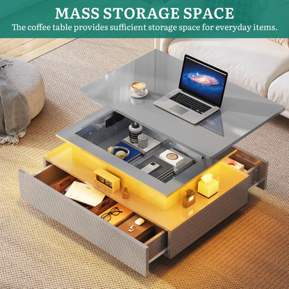 High Gloss Coffee Table with LED Strip, Lift Top, 2 Drawers & Storage, Modern Wooden Rectangle Table for Living Room
