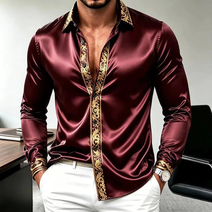 Men's Luxury Satin Silk Long Sleeved Shirt with Gold Baroque Print, Slim Fit, Business Casual, Comfortable Party Shirt