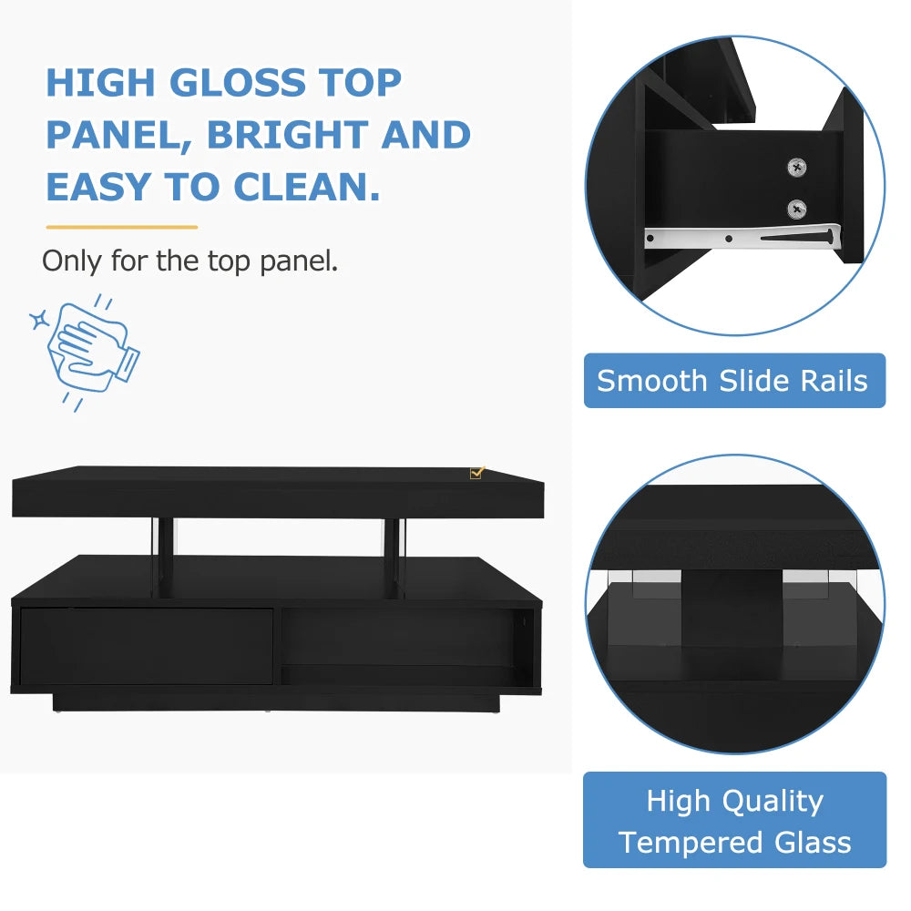 High Gloss LED Coffee Table – Modern Wooden Rectangle Centre Table with LED Lights, Side End Table for Living Room, 95 × 50 × 42.5 cm
