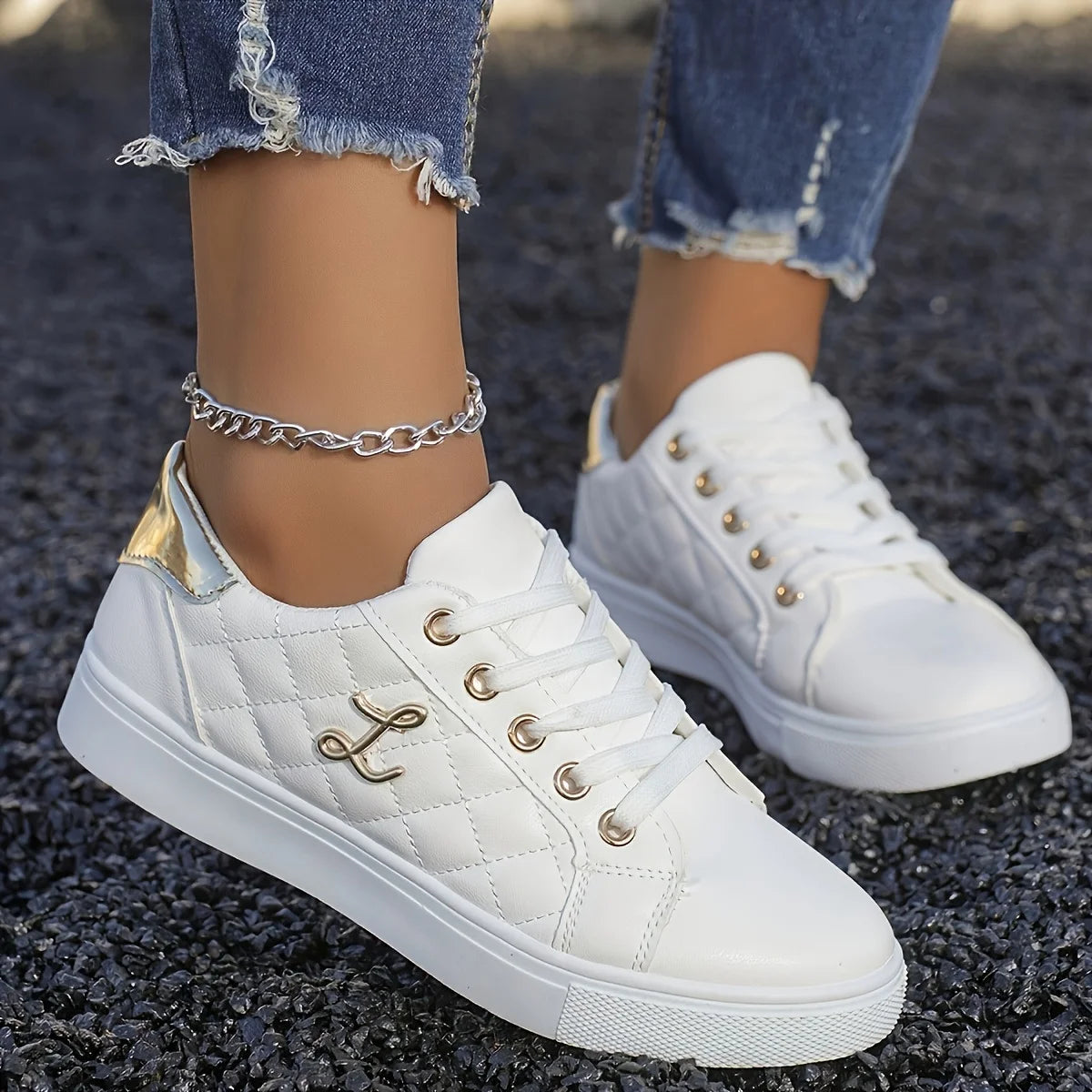 Fashion Lightweight Women's Sneakers - Black, White and Gold Embellished, Lace-Up Low-Top Casual Shoes for All Seasons