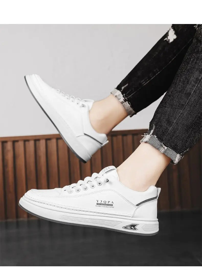Men's White Platform Sneakers 2026 Autumn Breathable PU Thick Sole Casual Daily Streetwear Korean Style Footwear