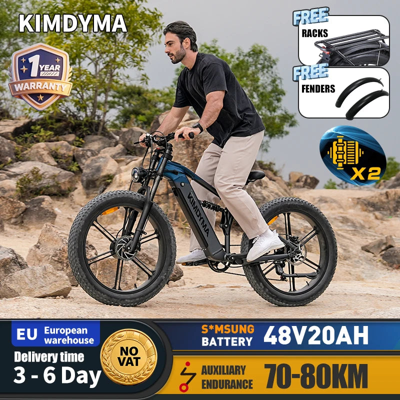 KIMDYMA K03 3000W Dual Motor Electric Bike for Adults, 48V Lithium Battery 26" Fat Tyre All-Terrain E-bike with Hydraulic Brakes