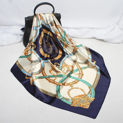 Handkerchiefs Hair Silk Scarf 90*90cm Print Satin Big Square Silk Scarves Shawls for Women Luxury Brand Designer Hijab Headband