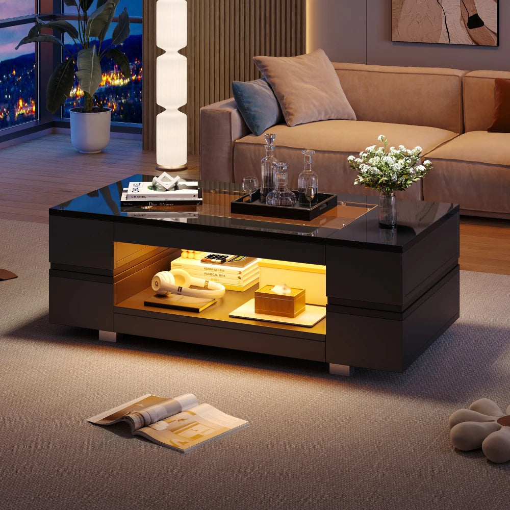 100cm Black LED Coffee Table APP Adjustable RGB Lights Tempered High Gloss Glass Top MDF Frame Storage Cutout Table 30KG Load for Living Room Home Party