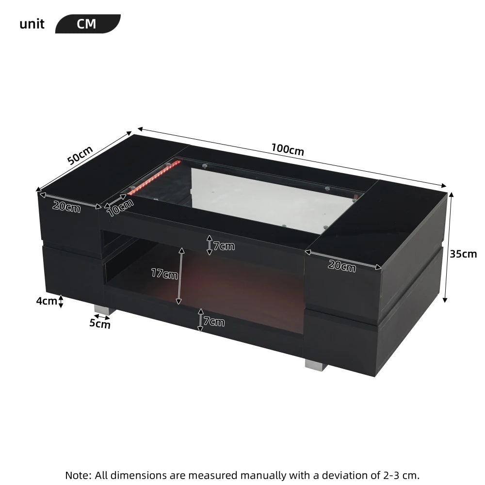 100cm Black LED Coffee Table APP Adjustable RGB Lights Tempered High Gloss Glass Top MDF Frame Storage Cutout Table 30KG Load for Living Room Home Party