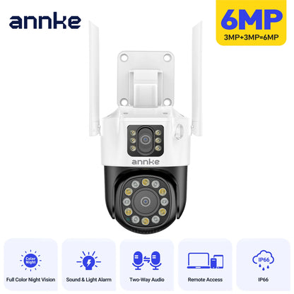 ANNKE 3+3MP Dual-Lens PT Security Camera Wireless WiFi Outdoor IP Camera with Two-Way Audio Human Detection, Auto Tracking, Dual-Color Night Vision, Red & Blue Light Alarm, IP66 Waterproof