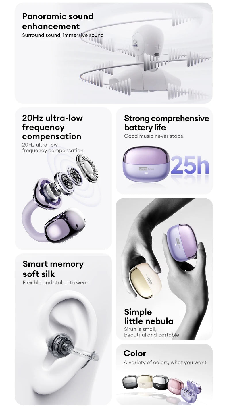 Choice Lenovo LE302 OWS Ear Clip Earphones Wireless Bluetooth 6.0 Headset HD Call Earbuds Low Latency Gaming Headphones New