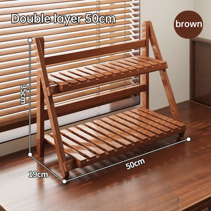 Double-layer Multifunctional Desktop Storage Rack Staircase-shaped Bamboo Storage Rack with Guard Strips Kitchen Storage Rack