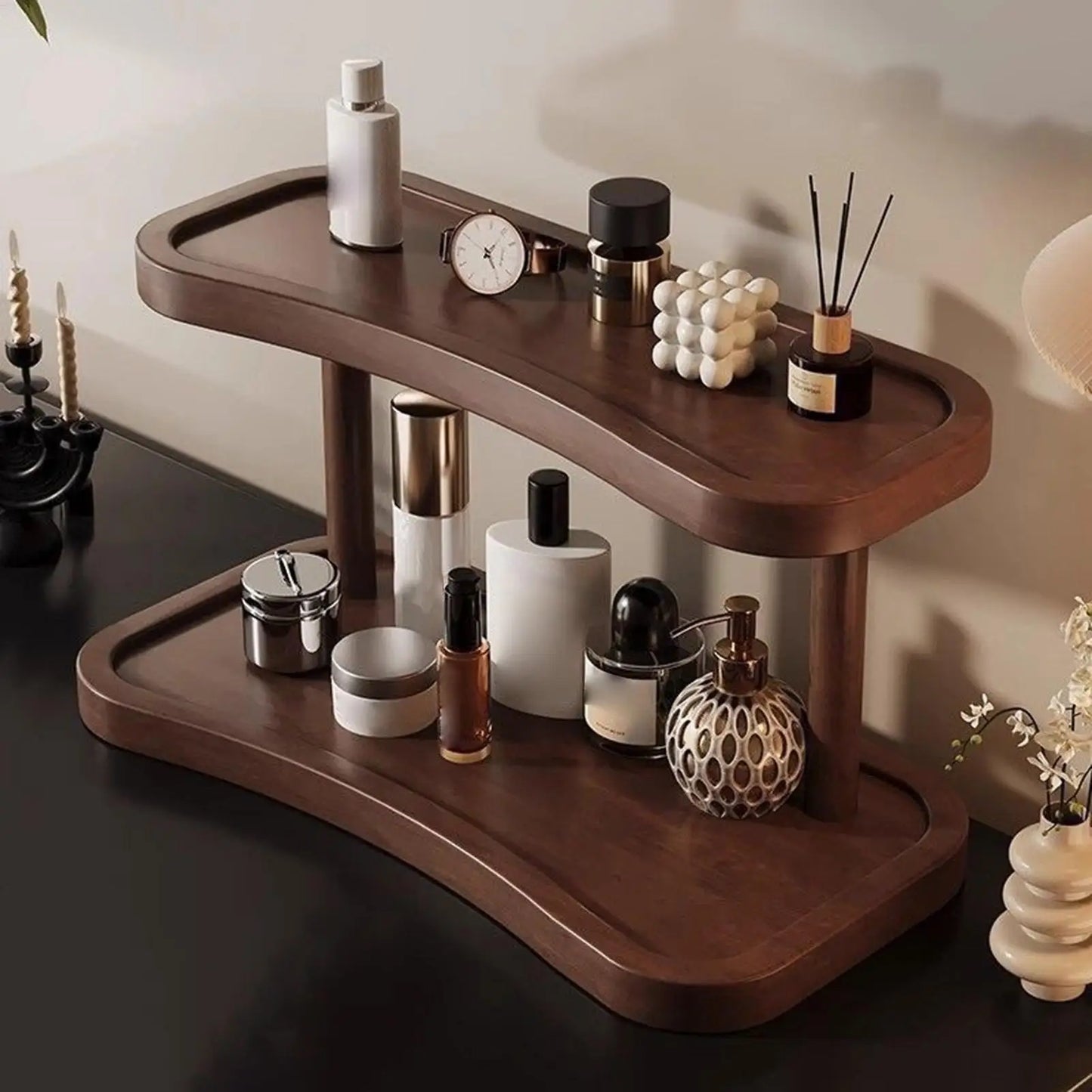 2-layer Desktop Shelf For Makeup 2-Tier Mug Holders Tabletop Tea Set Holder Wooden Perfume Display Organizer Storage Rack