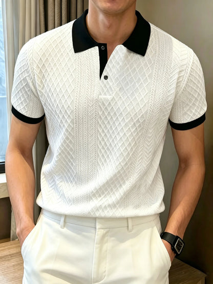 Men's Mature Business Contrast Collar Diamond Jacquard Short Sleeve Polo, Ribbed Collar, 2-Button Placket for Office Commute & B