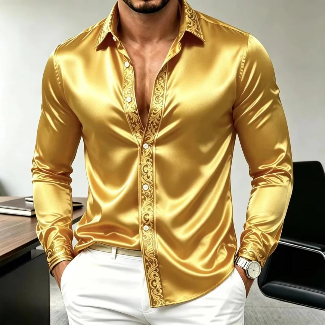 Men's Luxury Satin Silk Long Sleeved Shirt with Gold Baroque Print, Slim Fit, Business Casual, Comfortable Party Shirt