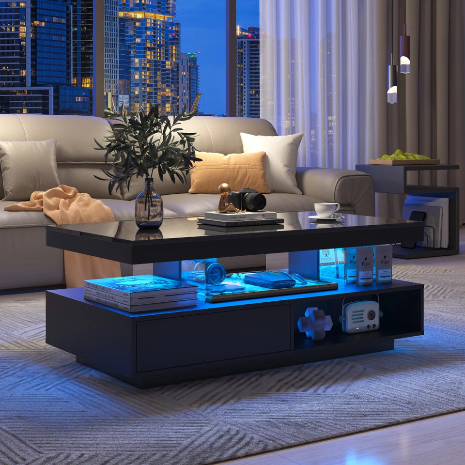 High Gloss LED Coffee Table – Modern Wooden Rectangle Centre Table with LED Lights, Side End Table for Living Room, 95 × 50 × 42.5 cm