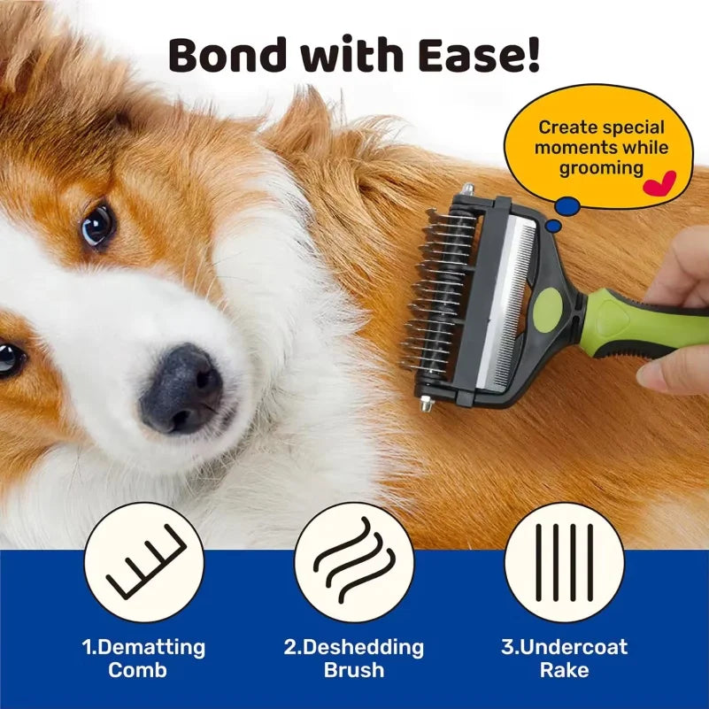 3 In 1 Dual Head Pet Deshedding Brush Fur Knot Cutter Comb Efficient Hair Remover Comfort Grip Grooming Tool For Dogs Cats