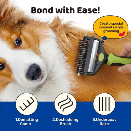 3 In 1 Dual Head Pet Deshedding Brush Fur Knot Cutter Comb Efficient Hair Remover Comfort Grip Grooming Tool For Dogs Cats