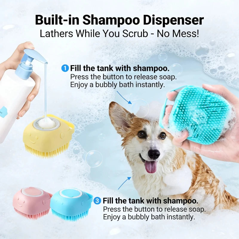 Pet Bath Brush 2-in-1 Silicone Dog Cat Grooming Brush with Shampoo Dispenser, Massage Tool for Puppy Kitten Bathing