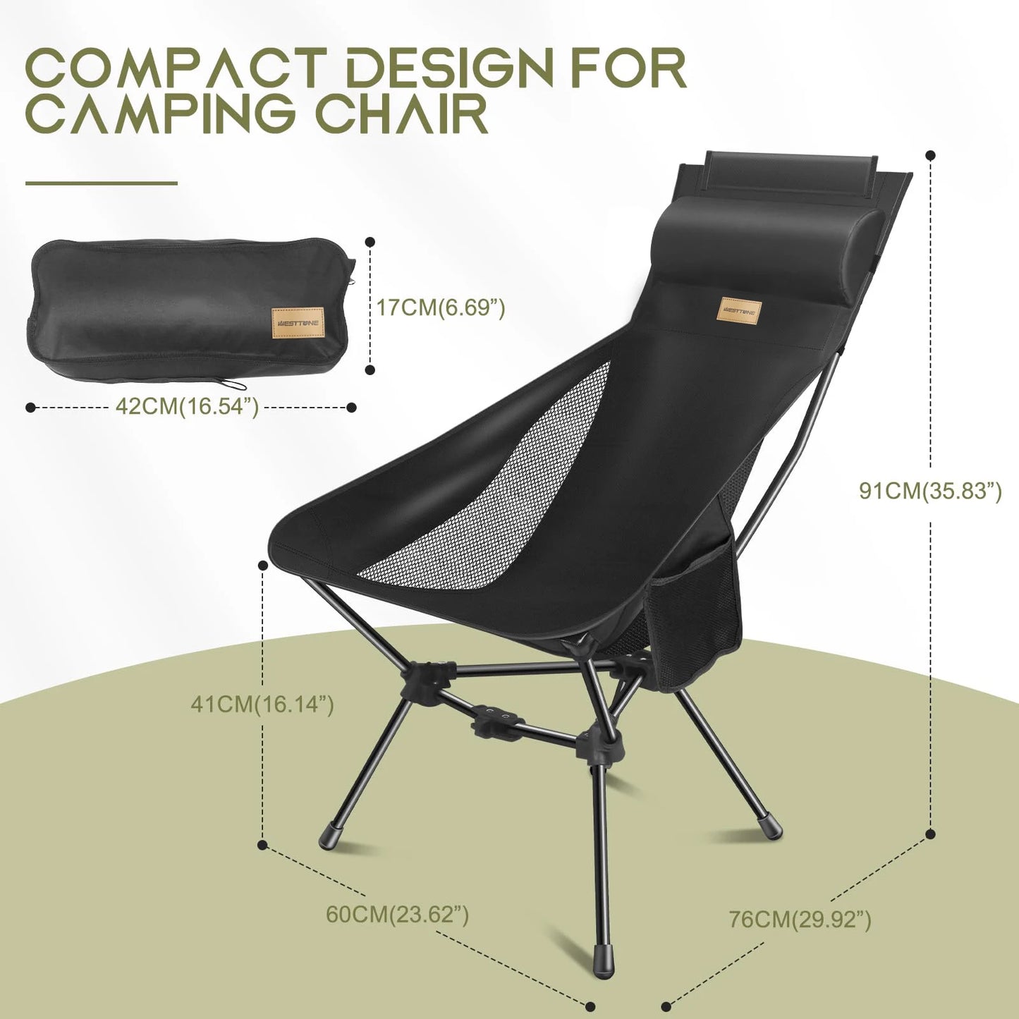 WESTTUNE Lightweight Folding High Back Camping Chair with Head Support Portable Compact Outdoor Travel Picnic Beach Longue Chair