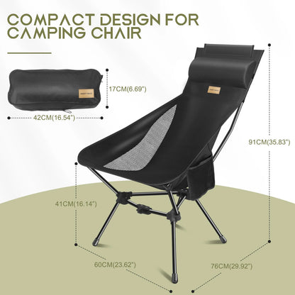 WESTTUNE Lightweight Folding High Back Camping Chair with Head Support Portable Compact Outdoor Travel Picnic Beach Longue Chair