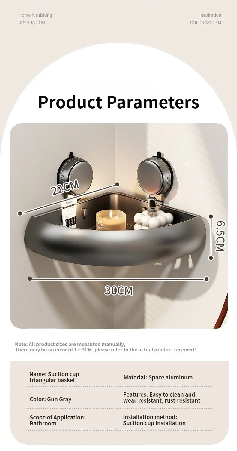 Wall-Mounted Suction Cup Bathroom Corner Storage Shelf – No-Drill Triangle Organizer Rack for Shower, Toilet & Washstand
