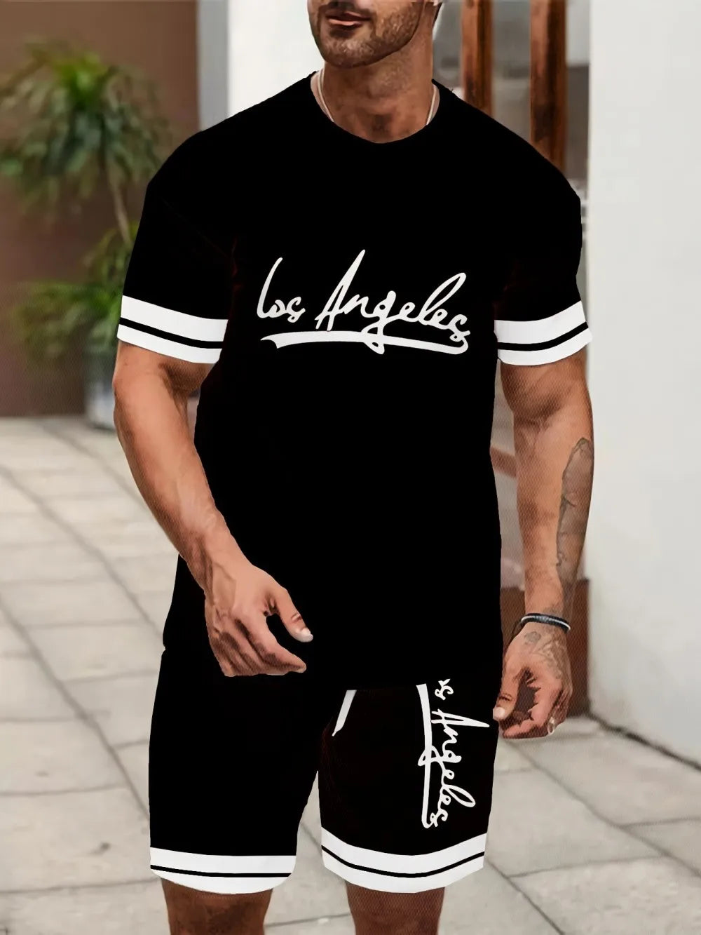 New Men's Summer Gothic Letter Printed Comfortable Breathable Round Neck T-shirt Drawstring Shorts Set Outdoor Casual Wear
