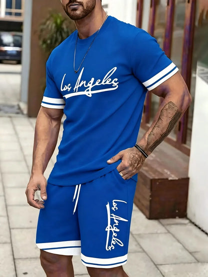 New Men's Summer Gothic Letter Printed Comfortable Breathable Round Neck T-shirt Drawstring Shorts Set Outdoor Casual Wear