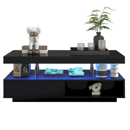 High Gloss LED Coffee Table – Modern Wooden Rectangle Centre Table with LED Lights, Side End Table for Living Room, 95 × 50 × 42.5 cm