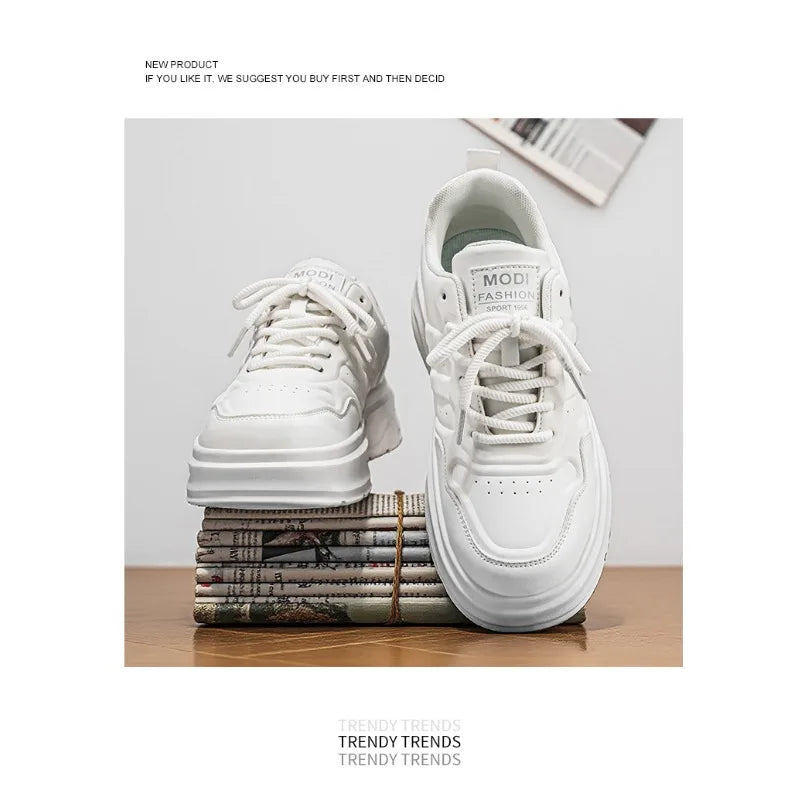 2026 Summer Men's White Platform Sneakers Leather Casual Shoes Thick Sole Streetwear Trendy Footwear