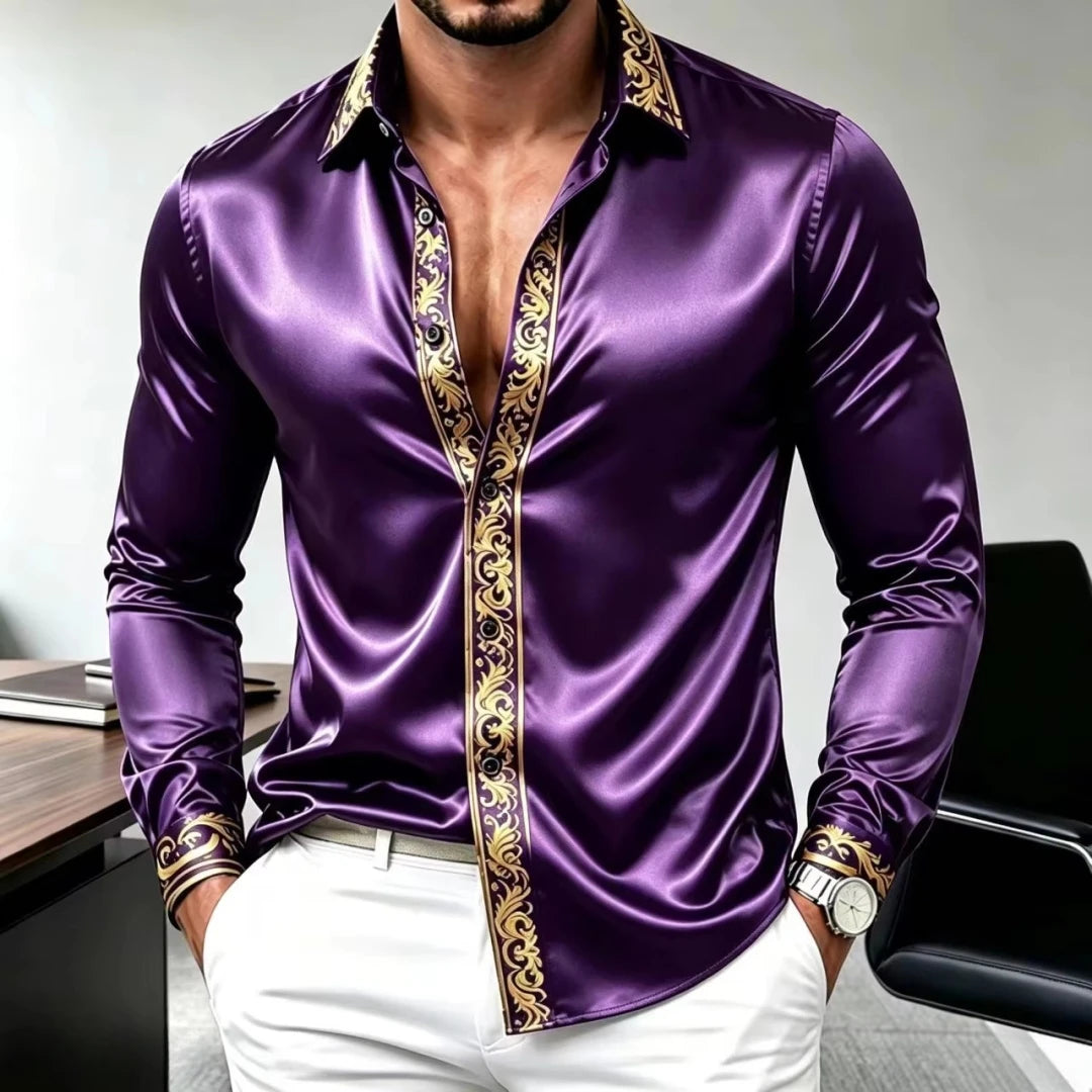Men's Luxury Satin Silk Long Sleeved Shirt with Gold Baroque Print, Slim Fit, Business Casual, Comfortable Party Shirt