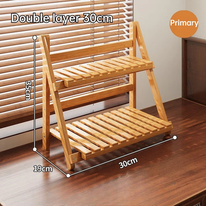 Double-layer Multifunctional Desktop Storage Rack Staircase-shaped Bamboo Storage Rack with Guard Strips Kitchen Storage Rack