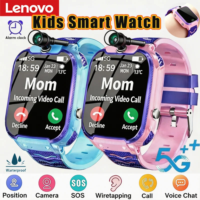Lenovo 2027 New 5G Kids Smart Watch GPS Location Sim Card Call SOS Camera Waterproof Child Watch for Boys Girls Present Gift