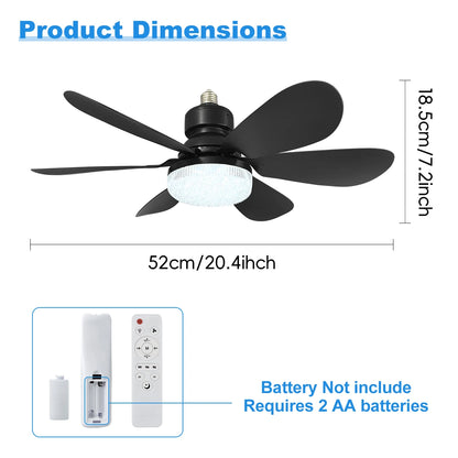 Cordless Light Socket Fan for Kitchen Bedroom Small Room LED Socket Fan Light with Remote Small Ceiling Fan with Light