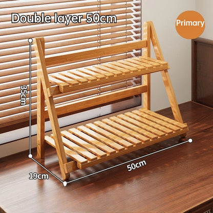 Double-layer Multifunctional Desktop Storage Rack Staircase-shaped Bamboo Storage Rack with Guard Strips Kitchen Storage Rack
