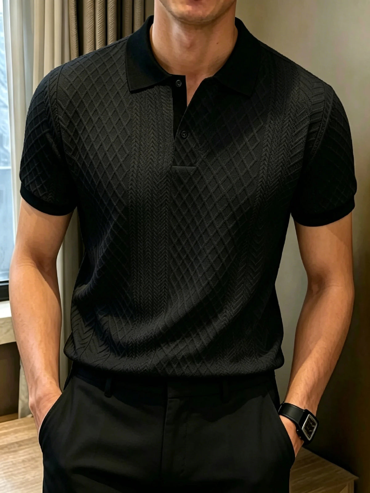 Men's Mature Business Contrast Collar Diamond Jacquard Short Sleeve Polo, Ribbed Collar, 2-Button Placket for Office Commute & B