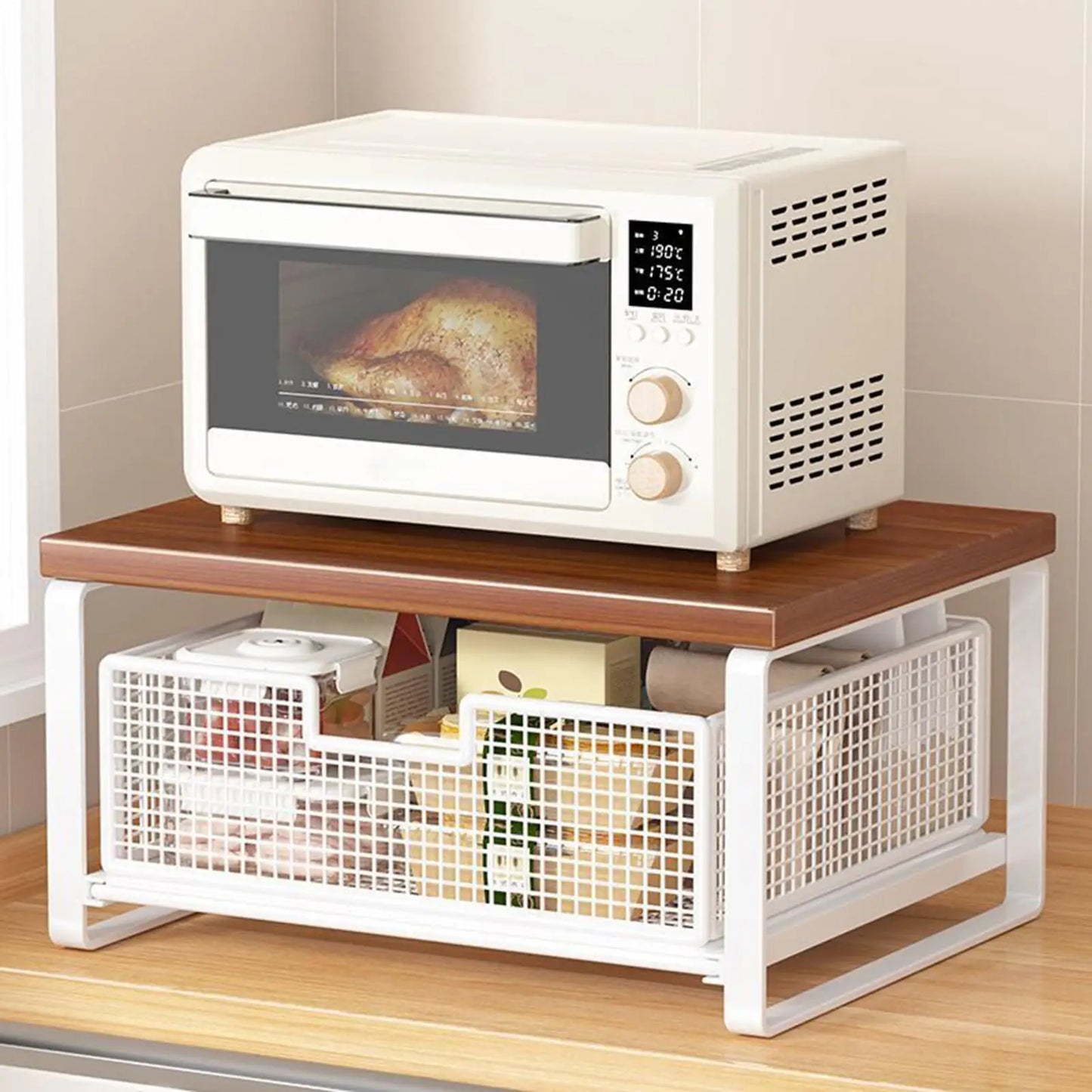 Double-Tier Printer Stand with Storage Space Saving Office Organizer Desk Printer Shelf for Home School Kitchen Counter