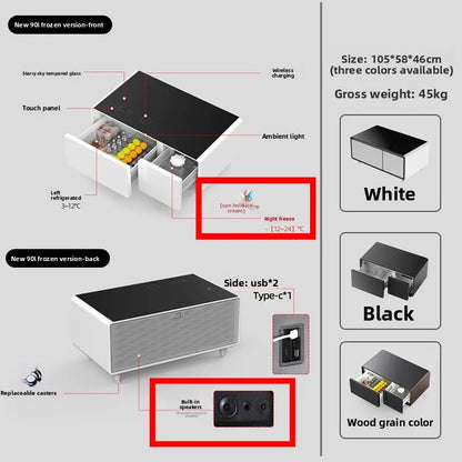 Home Smart Furniture 93L Refrigerator Modern Table Smart Coffee Table with 2 USB Ports Wireless Phone Charging Coffee Tables