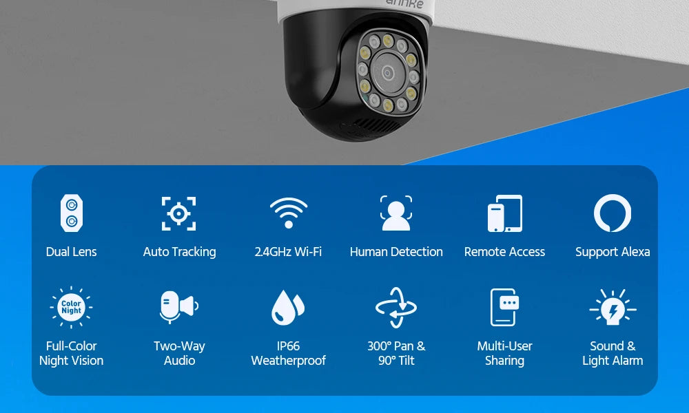 ANNKE 3+3MP Dual-Lens PT Security Camera Wireless WiFi Outdoor IP Camera with Two-Way Audio Human Detection, Auto Tracking, Dual-Color Night Vision, Red & Blue Light Alarm, IP66 Waterproof