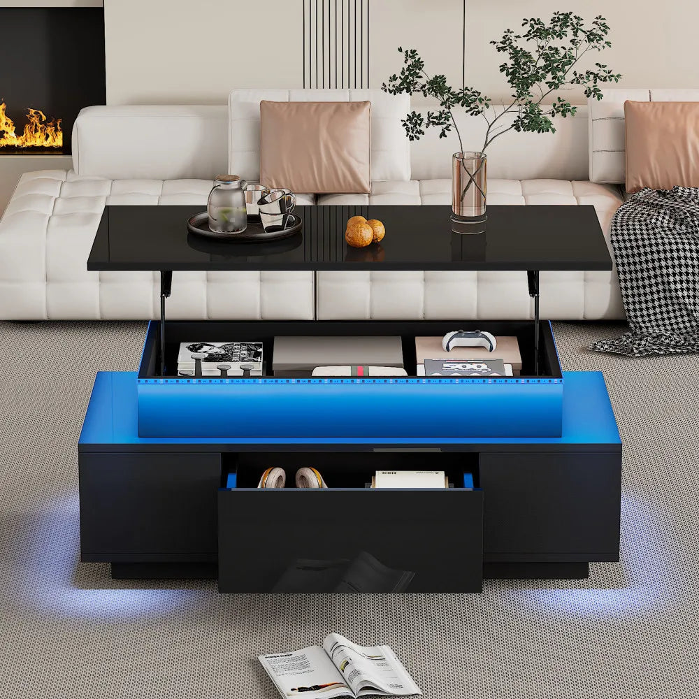 Lift-Top Coffee Table, Highgloss Centre Table with 1 drawers & LED lights, Hidden storage space, Tea Table,96*45*40m, black