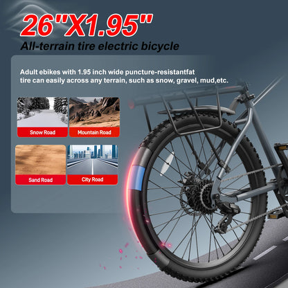 Adult Electric Bike with a 500W Motor, 26x1.95 Anti-Slip Tyres, a 36V 10.4Ah Removable Battery, a 7-Speed Gear System, and Unisex Pedal-Assisted Electric Bike