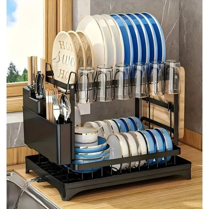 Kitchen countertop 2-tier dish drying rack, kitchen countertop dish drainer with drip tray, metal kitchen dish rack with drip tr